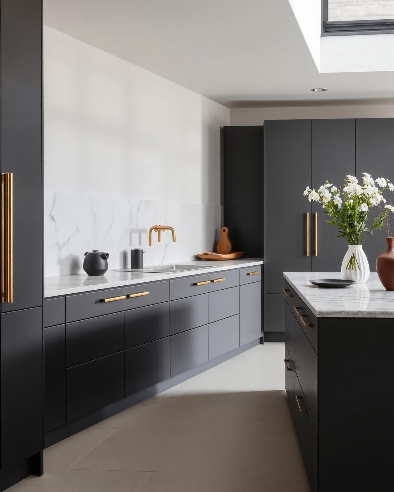 Modern minimalist kitchen with sprayed charcoal cabinets